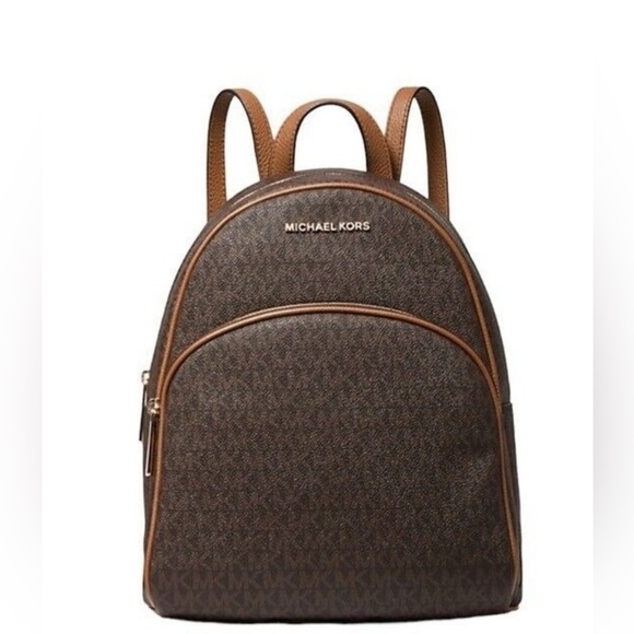 NWT Michael Kors Abbey Backpack Brown Logo Signature - Picture 1 of 11